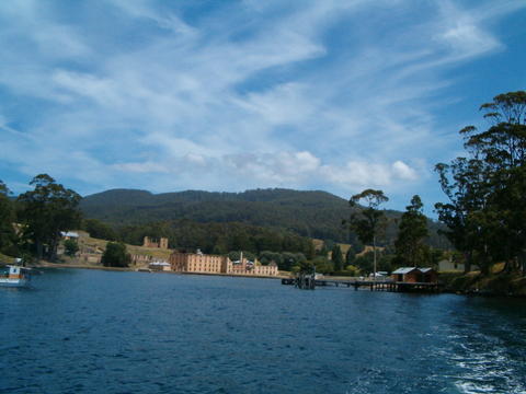 View from boat looking back at Port Arthur Prison Complex